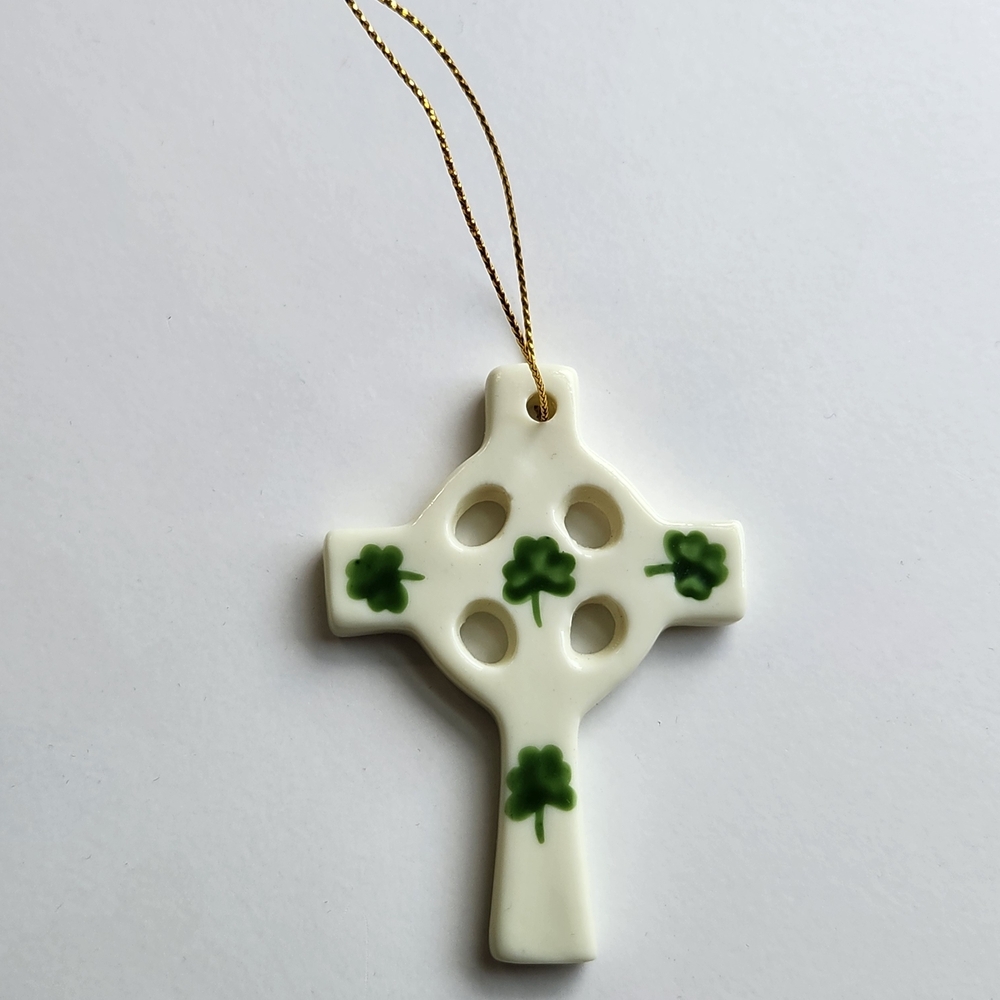 White and Green Ceramic Cross Ornament